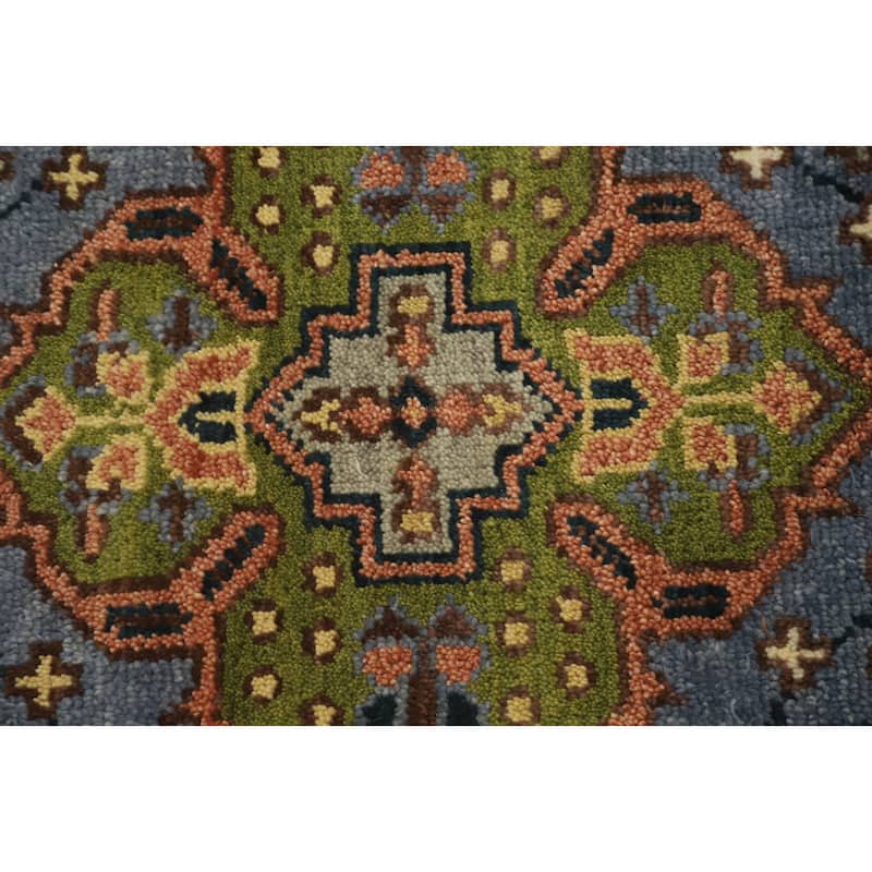 Hand Knotted Oriental 100% Wool Carpet Traditional Geometric Navy Blue & Blues Kazak Area Rug - 10' 2'' X 2' 6''