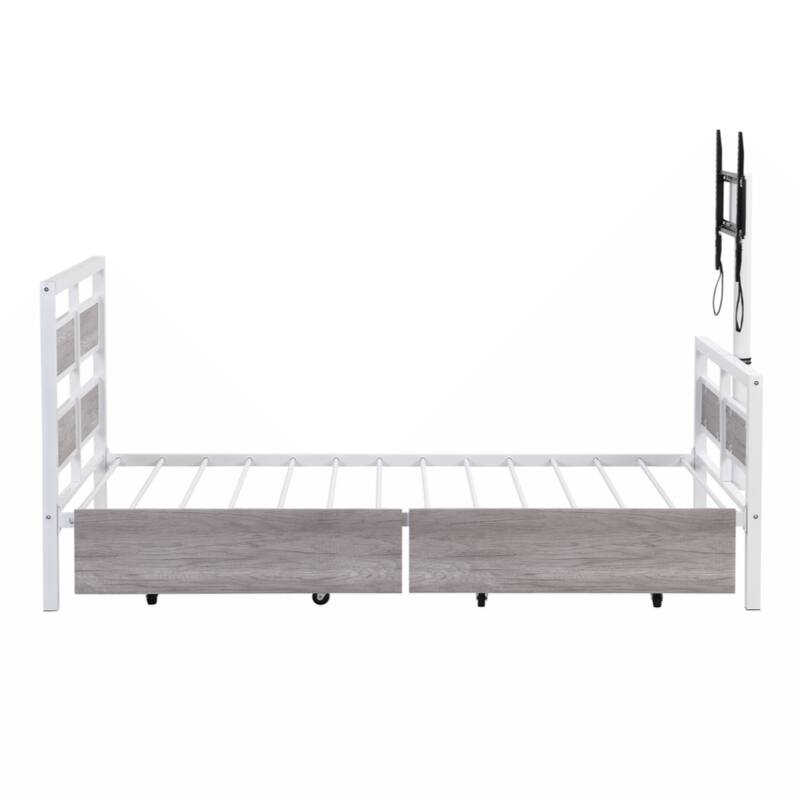 Twin Size Metal Platform Bed with MDF Headboard and Footboard,Two Storage Drawers and Rotatable TV Stand