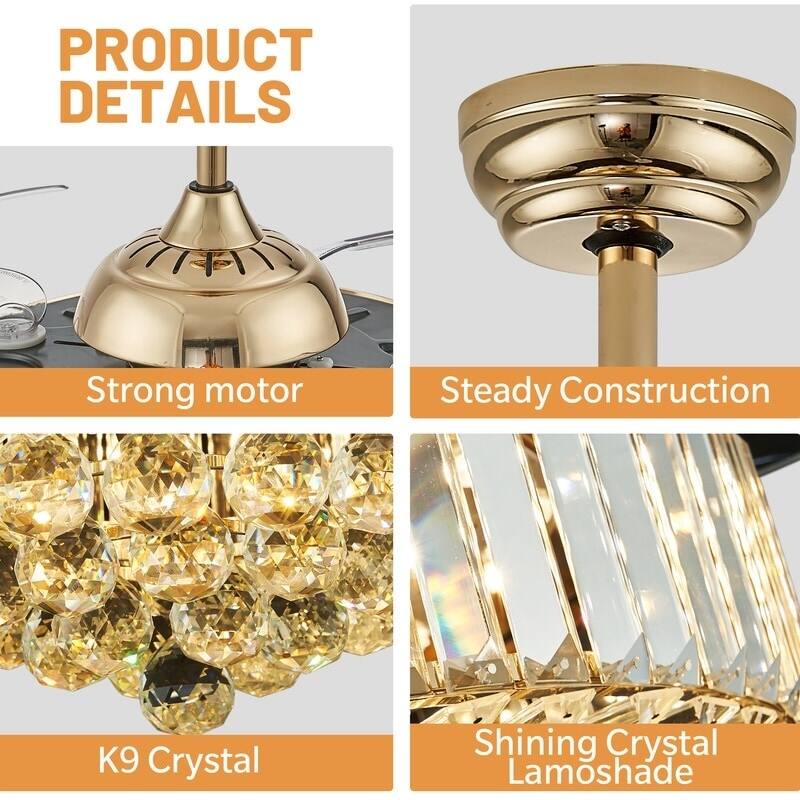 48 in. Crystal Ceiling Fan with Lights Remote Control Retractable Dimmable Fandelier Reversible LED Ceiling Fan for Bedroom