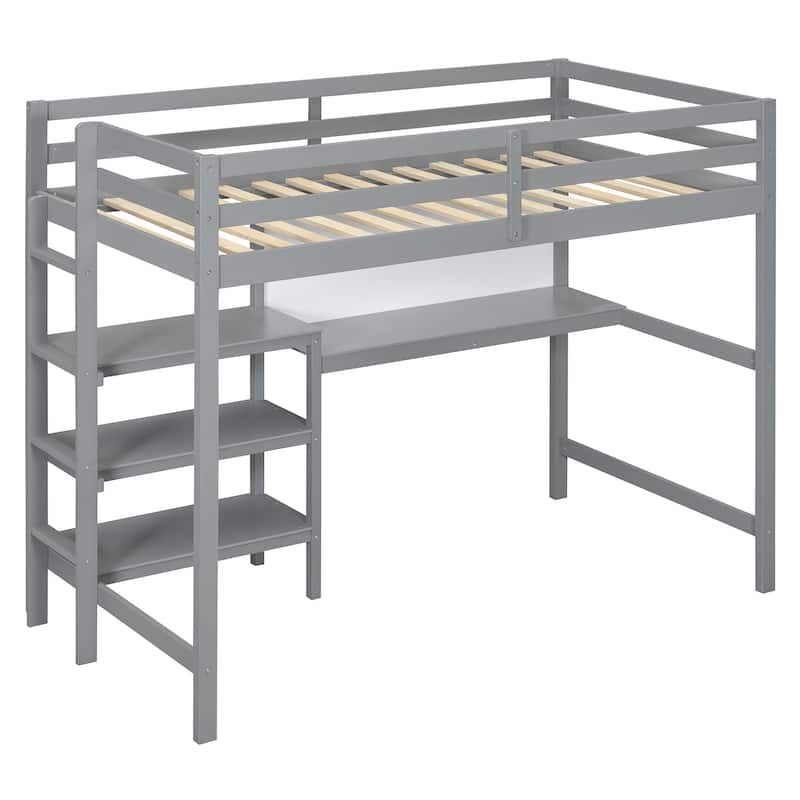 Twin Size Wooden Loft Bed with Built-In Desk, 3-Tier Shelves, Writing Board and Safety Guardrails, Space-Saving Design