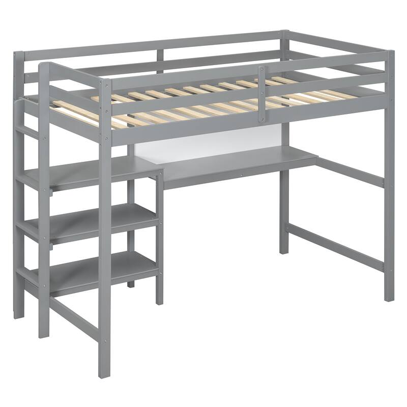 Twin Size Wooden Loft Bed with Desk, Shelves, and Writing Board
