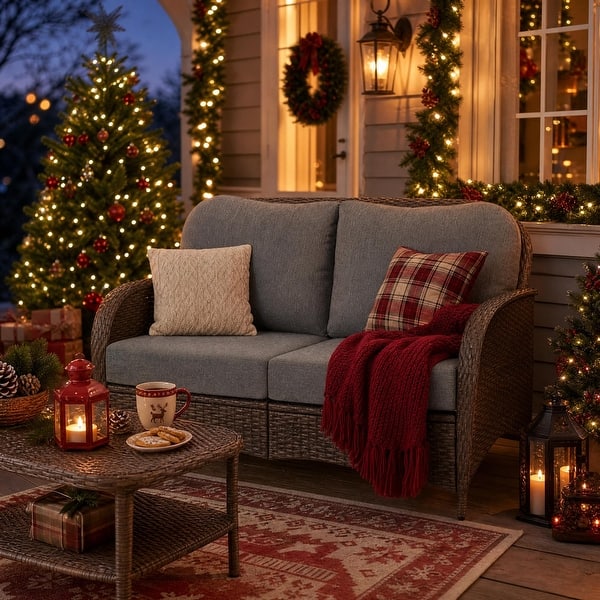 slide 2 of 20, Outdoor Rattan Loveseat – Traditional 2‑Seater Patio Chair 5.5″ Olefin Cushions
