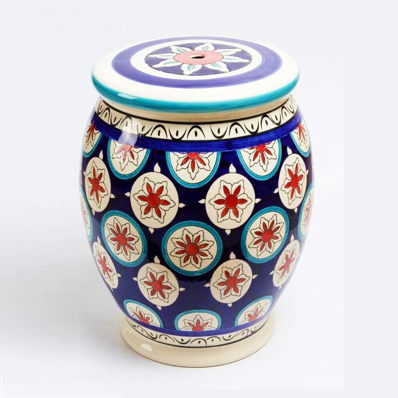 17.75 Inch Tall Ceramic Stoneware Stools in Multiple Color Options - Ceramic - Navy Ivory Red - Medium