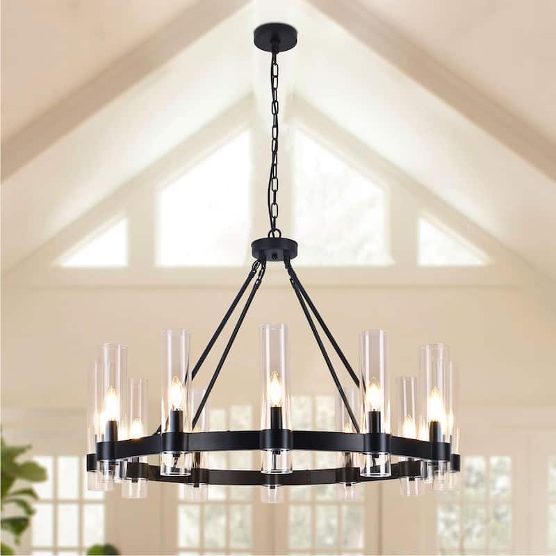 12-Light Farmhouse Wagon Wheel Chandelier - Matte Black