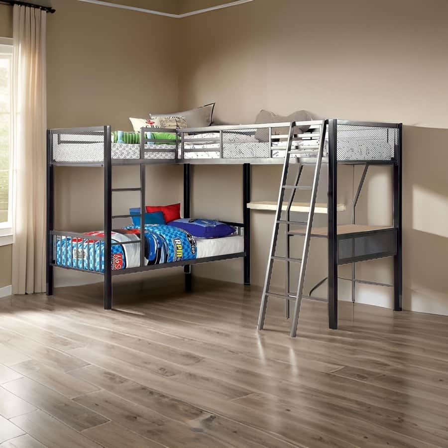 Triple Twin Size Bunk Beds with Desk and Ladders, Silver Metal Frame
