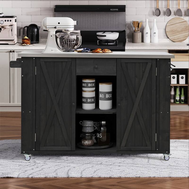 52.25" Outdoor Kitchen Island with Stainless Steel Top, Ample Storage Space, Towel and Spice Racks and a Bottle Opener - Black