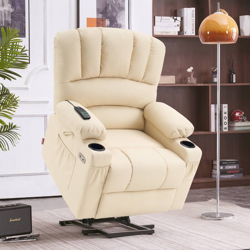 MCombo Power Lift Recliner Chair, Massage and Heat for Elderly, Extended Footrest,Cup Holders, USB Ports 7095 - Cream White