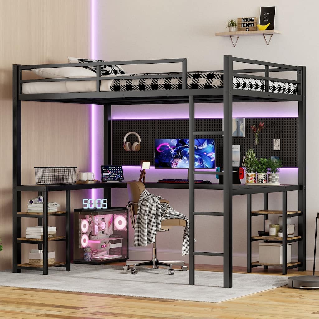 Full XL Metal Loft Bed with Desk and Shelves, Ladder and Guardrails, Space-Saving Bed Frame for Small Bedrooms, Black