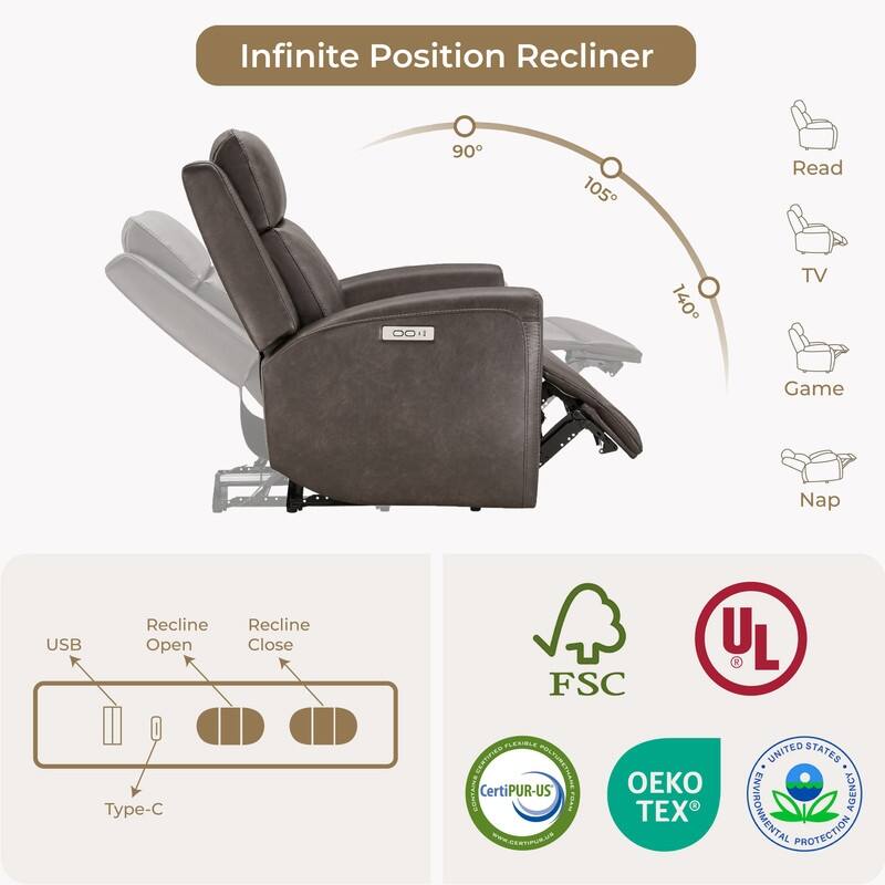 Spruce & Spring Power Recliner Chair Wall Hugger with USB & Type-C Charge