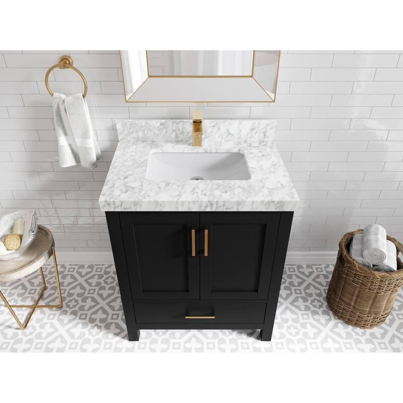 Willow Collections 30 in. W x 22 in. D Malibu Single Sink Bathroom Vanity with Countertop - 2" Carrara Marble - Black