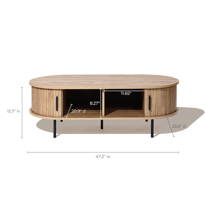 Mid-Century Modern Coffee Table with Storage and Slatted Sliding Doors - 15.7" H x 47.2" W x 23.6" D