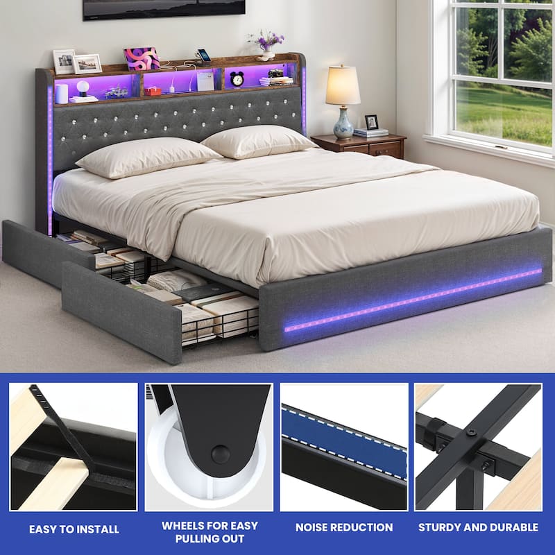 Moasis Queen Size Linen Bed Frame LED Upholstered Platform Bed Frame