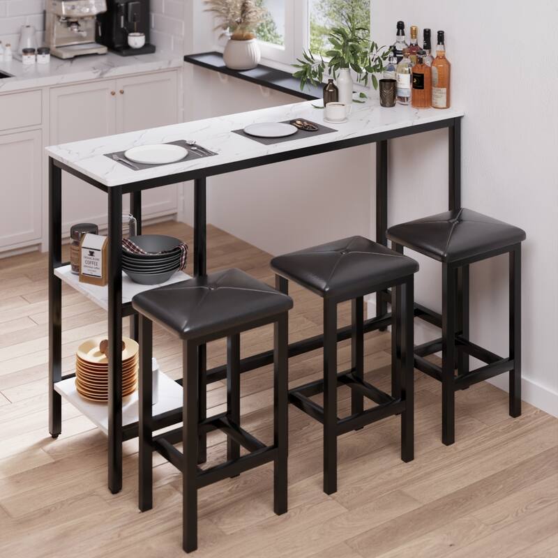 3-People Counter Heihgt Dining Set w/Storage, 4 Piece Kitchen Bar Table Set w/3 Upholstered Stools