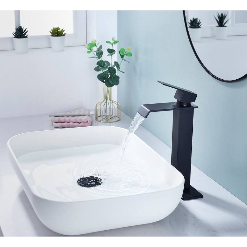 Modern Single Handle Sink Vanity Bathroom Faucet with Waterfall Spout, Anti Corrosion, Anti Rust, Easy Clean - Black