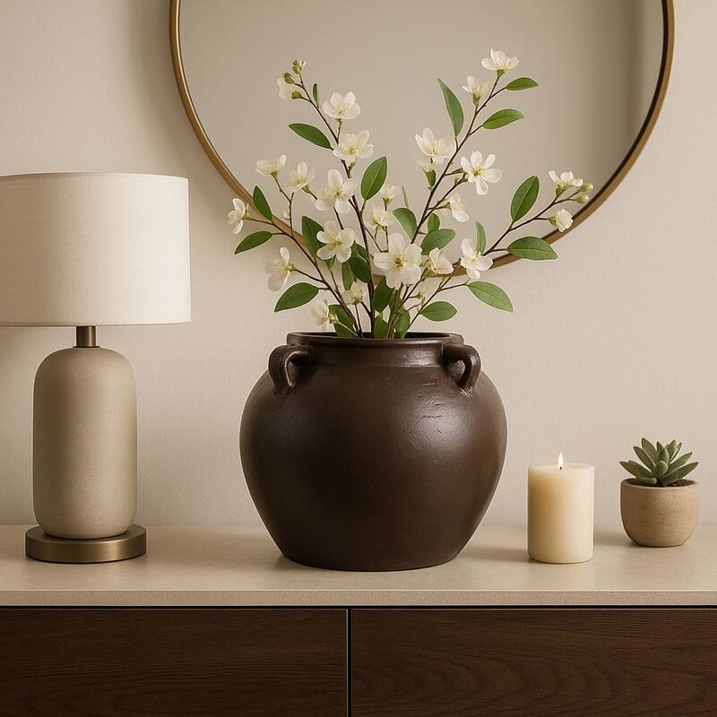 Rustic Heritage Table Vase with Textured Finish and Handles - Brown