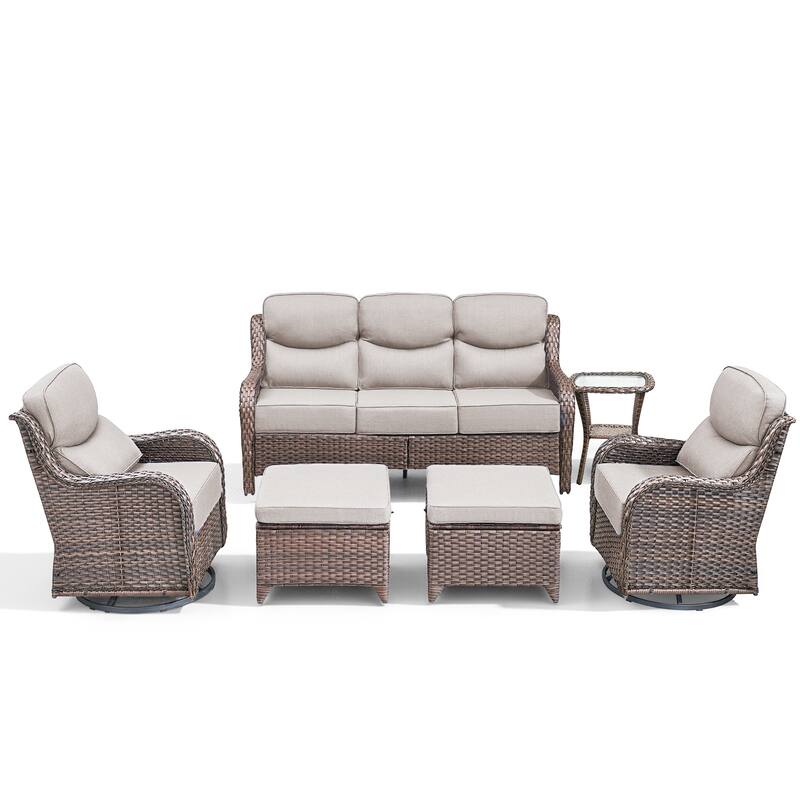Meyreso 6-Piece Wicker Patio Conversation Set with Swivel Gliders and 6-Inch Thick Olefin Cushions