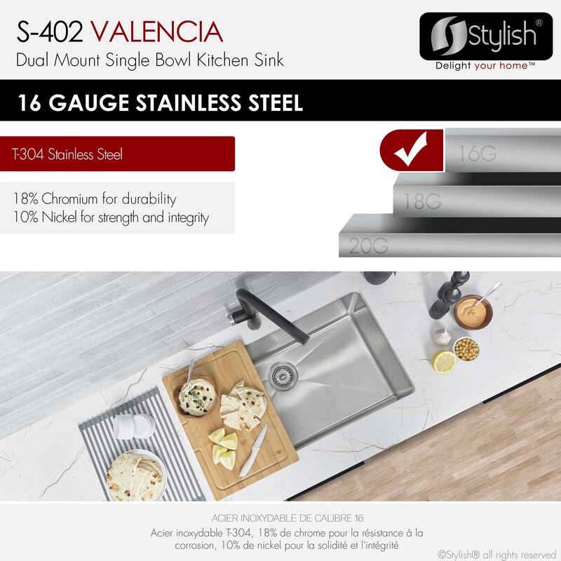 STYLISH Dual-Mount 31" Single-Bowl Stainless Steel Kitchen Sink with Strainer - 31" x 18" x 9"