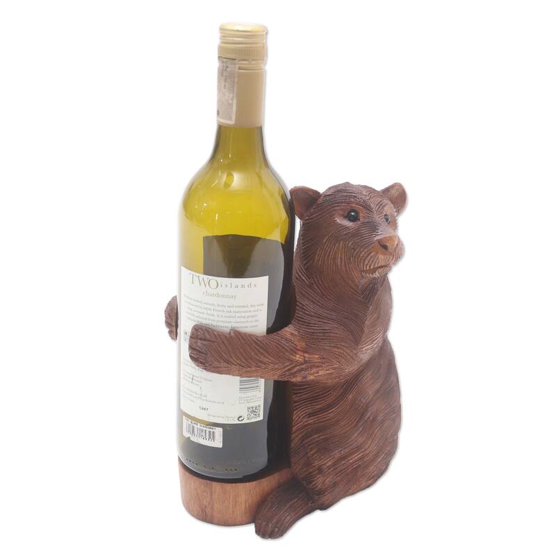 Novica Handmade Polar Bear Hug Wood Wine Bottle Holder