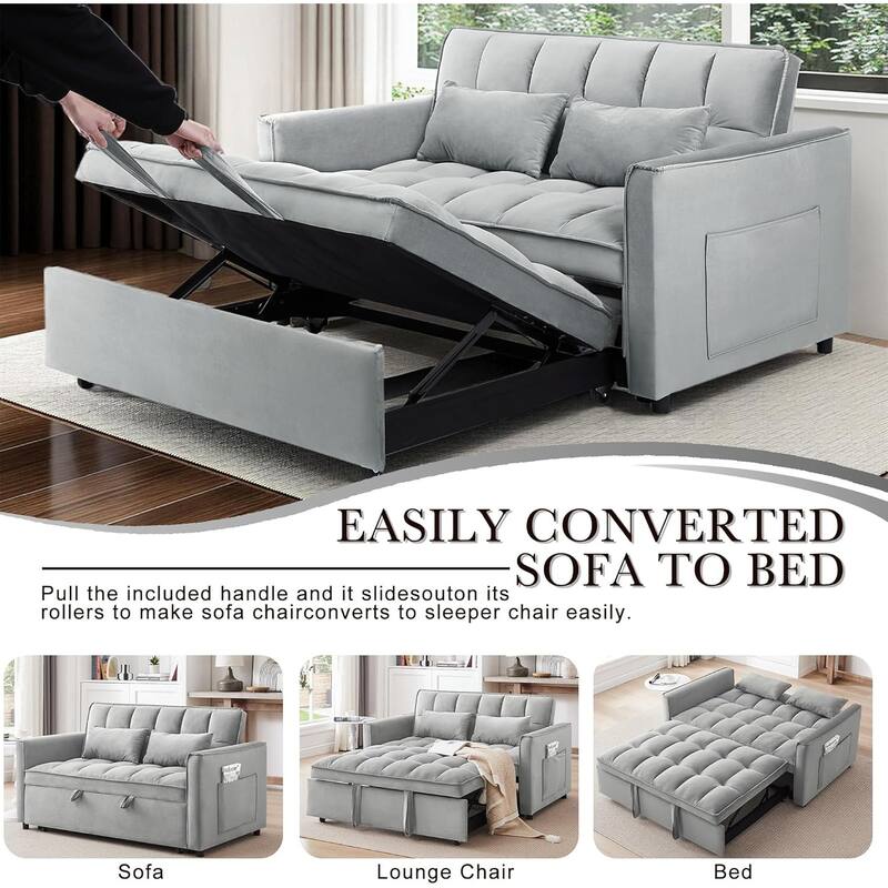 3 in 1 Convertible Sleeper Sofa Bed, Futon Couches for Living Room with Side Pocket, Adjustable Backrest