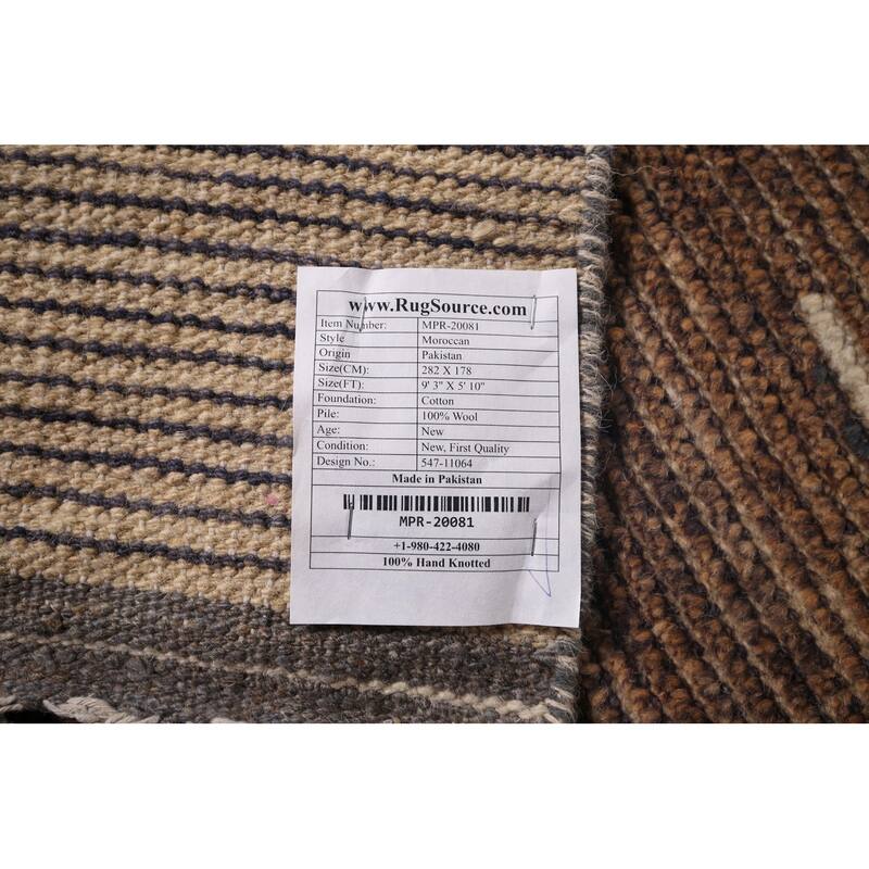 Brown Striped Moroccan Area Rug Hand-Knotted Wool Carpet - 5'10"x 9'3"