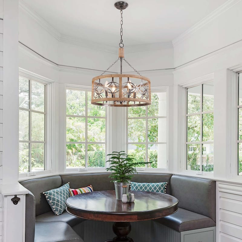 Oaks Aura Rustic Farmhouse 4-Light Wood Ceiling Light Drum Shabby Chic Wood Chandelier