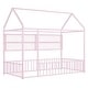 preview thumbnail 39 of 70, Metal House Bed with Metal Grid and Storage Shelves, Twin/Full Size Floor Montessori Bed with Roof Frame and Fence Guardrails