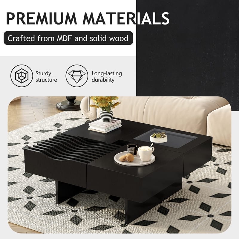 33''Mid Century Modern Coffee Table,Unique Square Wooden Coffee Table with 3 Drawers, Tempered glass and Solid Wood Legs