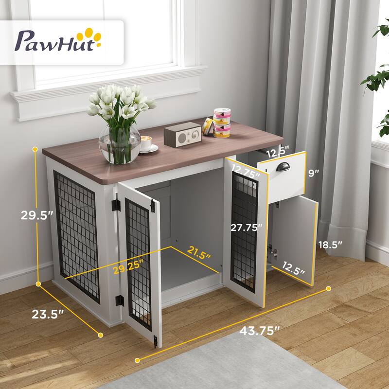 PawHut Dog Crate Furniture, 44" Dog Kennel Furniture End Table with Double Door, Storage, Drawer, Indoor Furniture, White