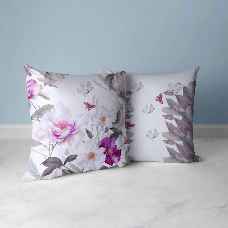 Leafy Lepidoptera Medley Faux Suede Reversible Throw Pillow White and Purple