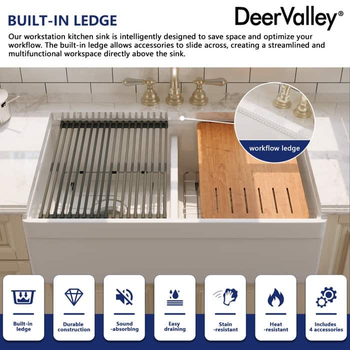 DeerValley 33"L X 20"W Double Bowl Workstation Farmhouse Kitchen Sink With Cutting Board And Dish-Drying Rack