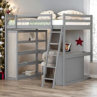 Multi-Functional Full Size Loft Bed with Ladder, Shelves and Desk, Space-saving, Health and Comfort, Sturdy Construction, Grey