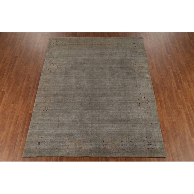 Striped Green Gabbeh Oriental Area Rug Handmade Tribal Wool Carpet - 7'9"x 9'7"