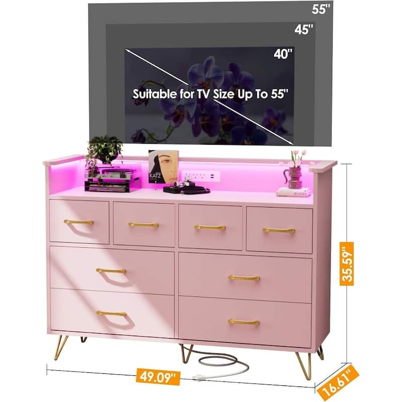 8 Drawer Dresser for Bedroom with LED Light, Charging Station & Open Shelf