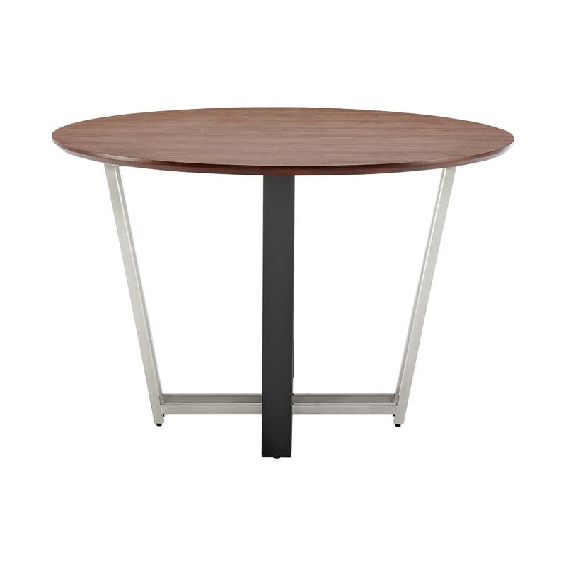 Leyne 48 Inch Round Dining Table, Stainless Steel, Black Iron, Walnut Veneer - Walnut Brown, Black, Silver