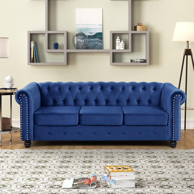 Morden Fort Velvet Upholstered Chesterfield Sofa with Nailhead and Solid Legs for Living Room - LIGHT BLUE