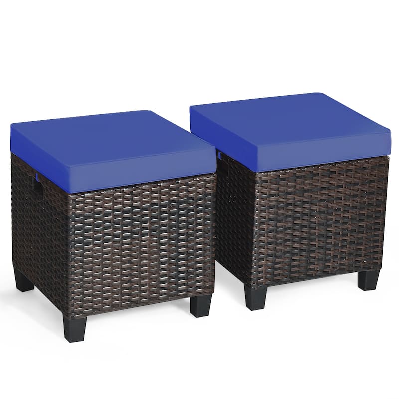 Outdoor Cushioned Rattan Wicker Ottomans (Set of 2) - Navy