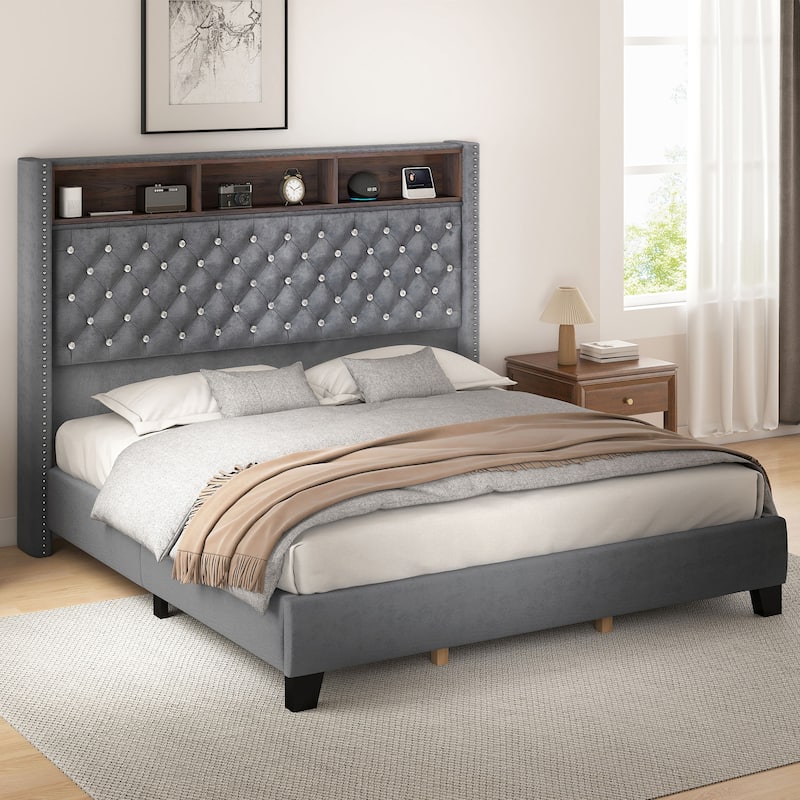 58" Tall Wingback Storage Headboard Bed Frame with USB Charging Stations and Deep Button Tufted