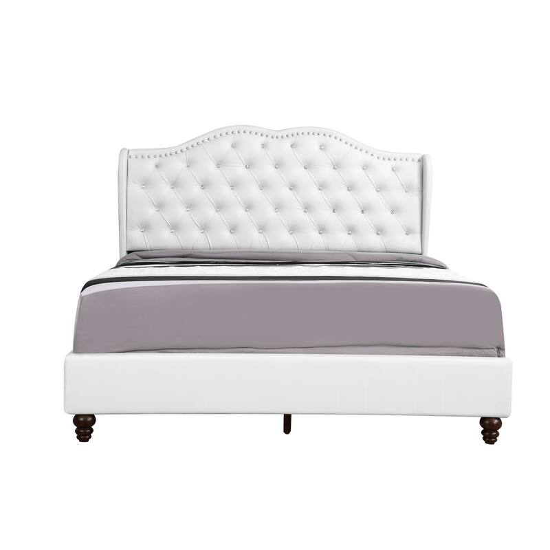 Upholstered Bed Frame, Modern Bedroom Bed with Deep Tufted Headboard, White