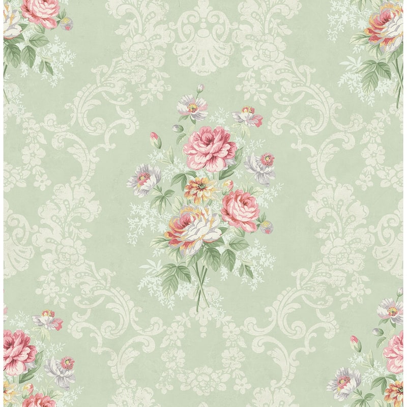 Seabrook Designs Inbal Floral Bouquet Damask Unpasted Wallpaper - 20.5 in. W x 33 ft. L - Sea Green