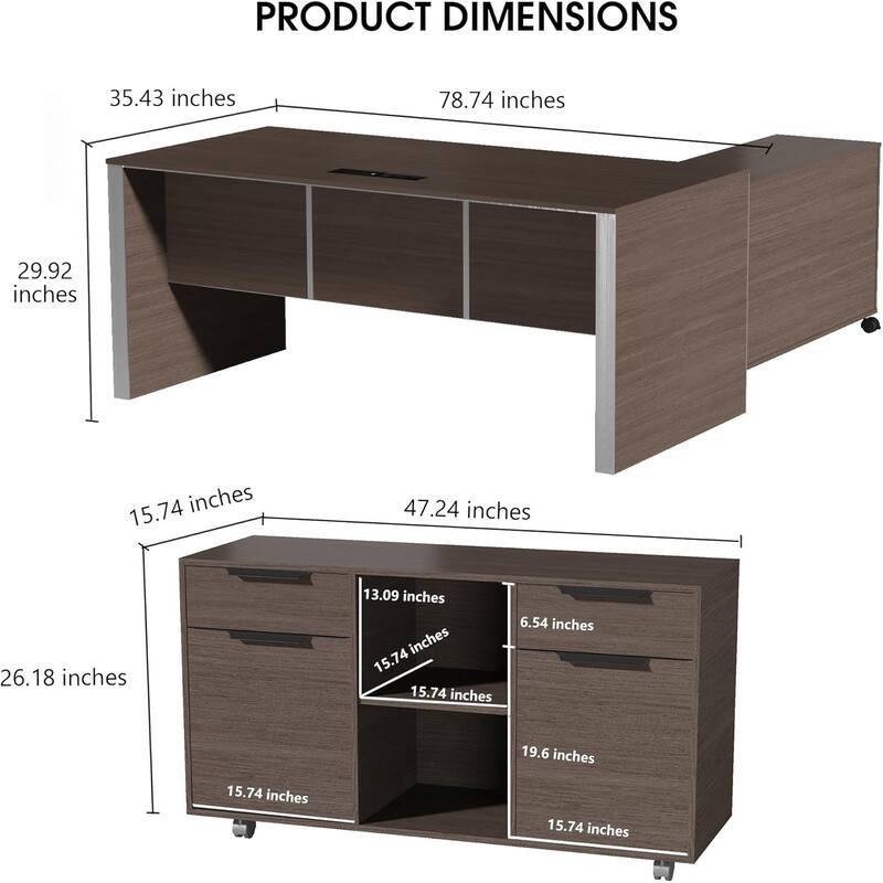 70.87" Executive Desk with Mobile File Drawers & Storage Shelves Power Outlets