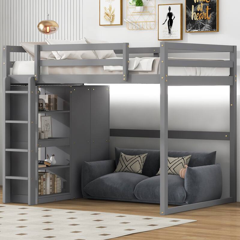Full Size Loft Bed with Built-in Wardrobe, Storage Shelves & LED Lighting, Space-Saving Gray Wood Design - Gray