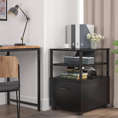Rolling File Cabinet with Drawer, Small Mobile Office Filing Cabinet with 2 Open Shelves