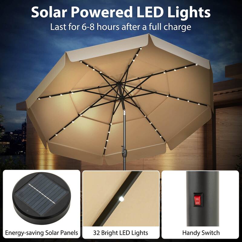 Costway 10 FT Solar Patio Umbrella with 32 LED Lights 3-Tier Vented