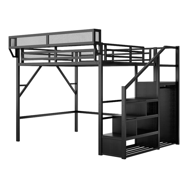 Queen Size Loft Bed with Stairs, Metal Queen Loft Bed with Storage Shelves, High Loft Bed with Wardrobe for Kids Teens Adults