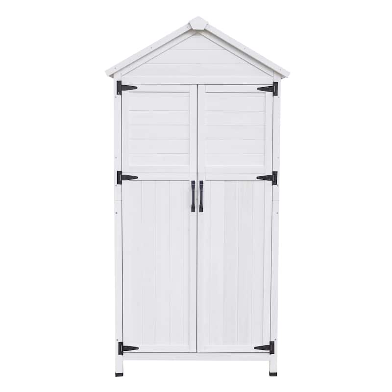 Roomfitters 67 Inch White Fir Wood Outdoor Storage Shed with Double Doors, Waterproof Roof