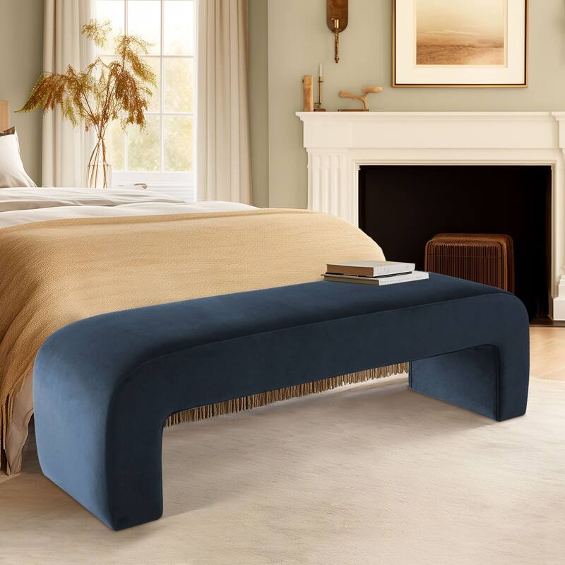 60" Velvet Upholstered Waterfall Bench - Dark Blue