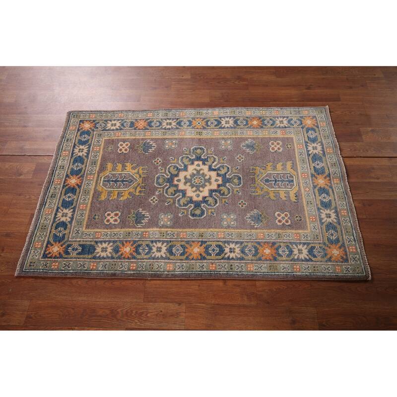 Traditional Kazak Oriental Foyer Rug Handmade Grey Wool Carpet - 2'8" x 4'2"