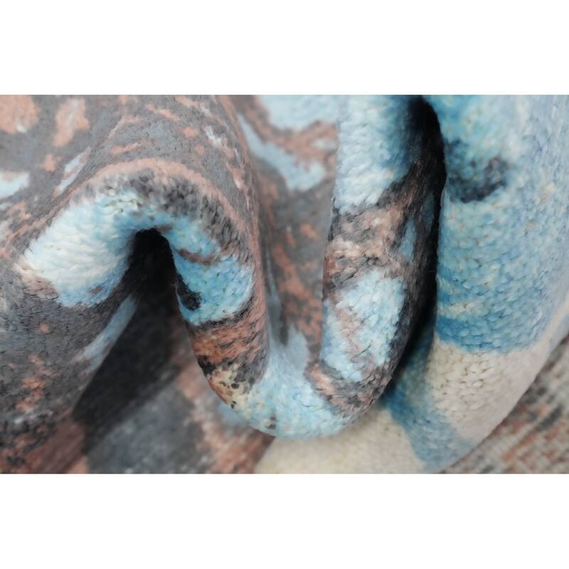 Hand Knotted Oriental Viscose Silk Carpet Modern Abstract Navy Blue & Blues Abstract Area Rug - 4' 0'' X 2' 0''