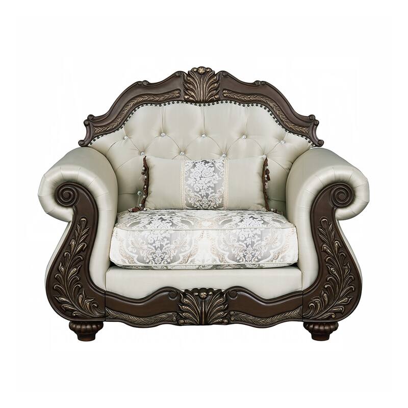 Upholstered Accent Chair with Button Tufted Back in Beige and Cherry - Beige/Cherry