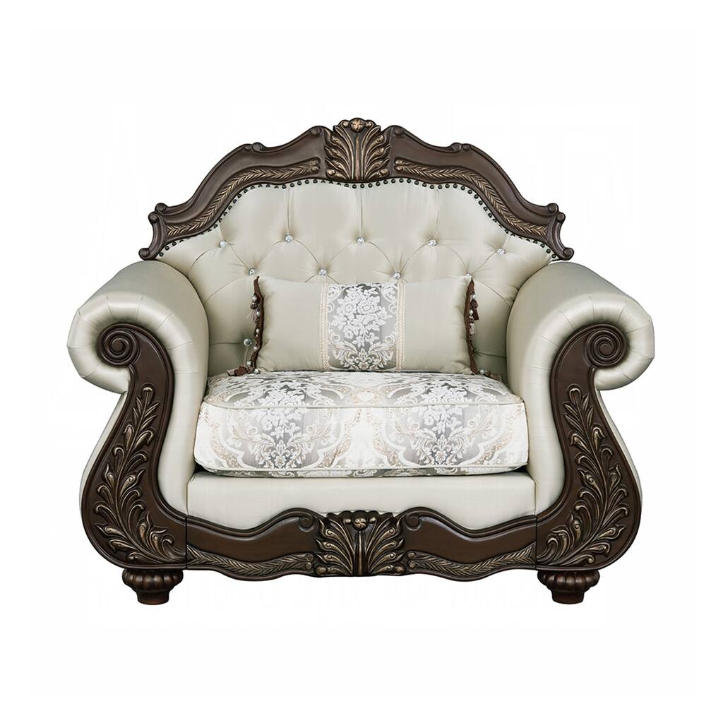 Upholstered Accent Chair with Button Tufted Back in Beige and Cherry